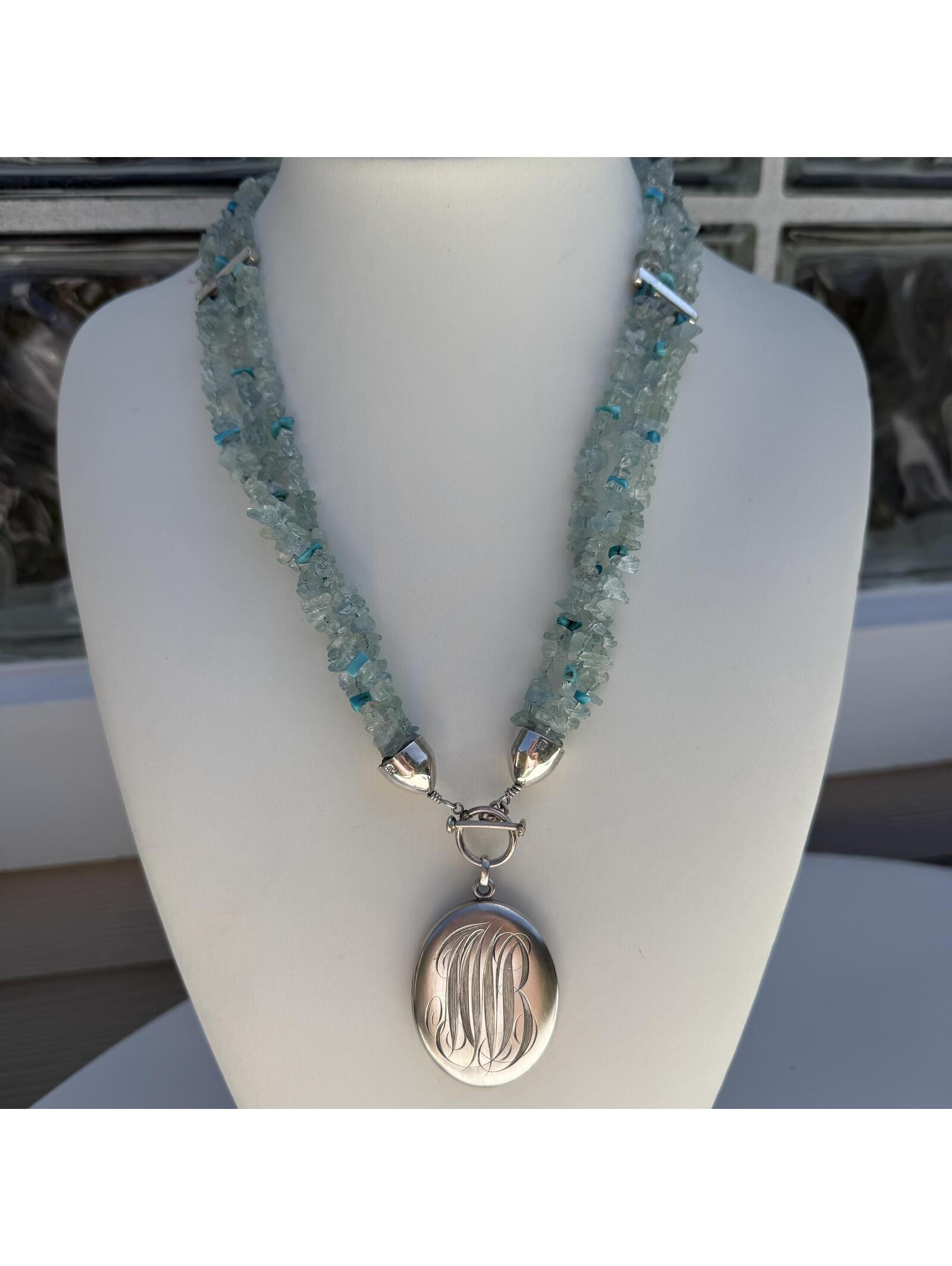 Antique Sterling Silver Monogram Locket. Vintage Dtr Apatite Turquoise 3 Strand